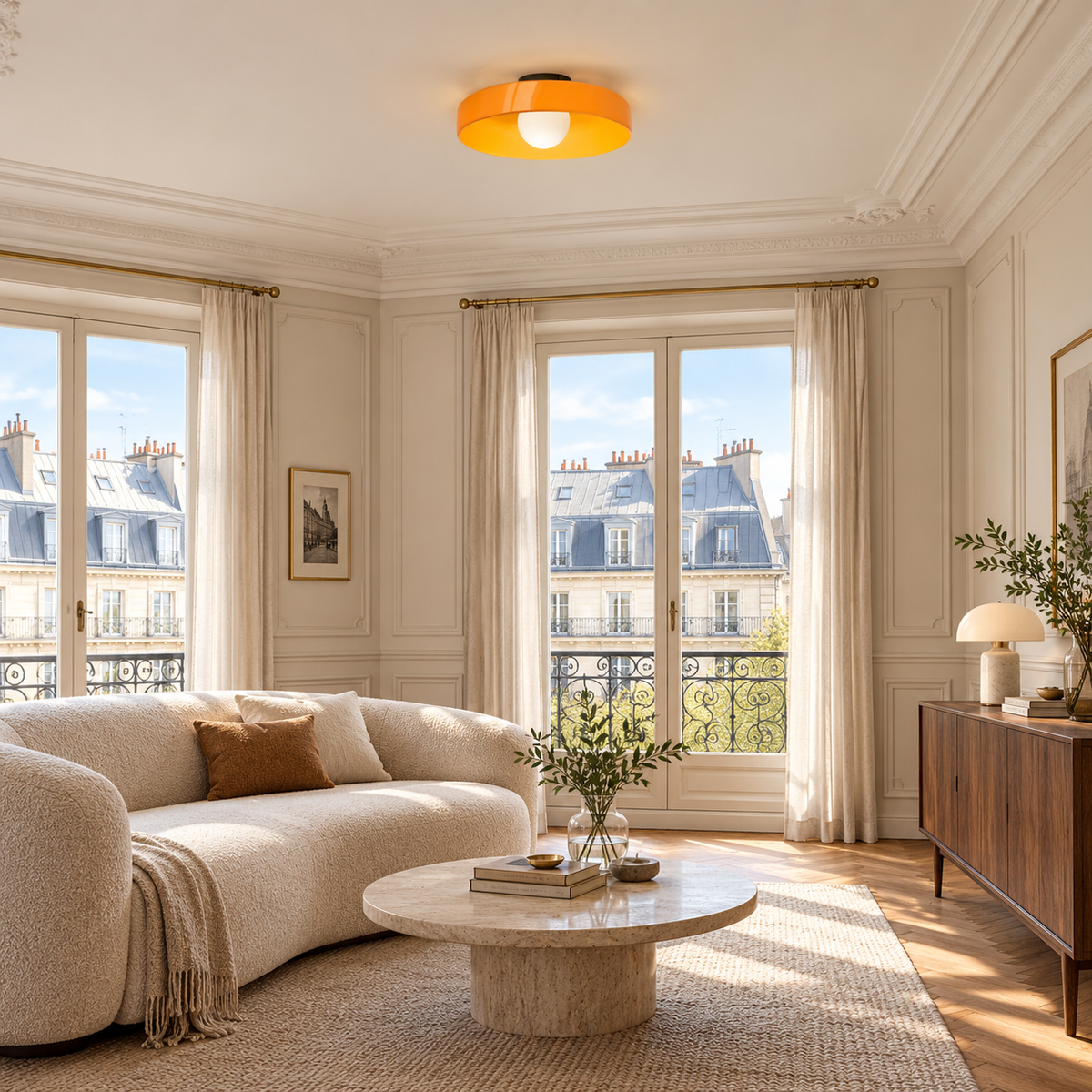 Plafonnier Rétro Orange — mise en situation salon parisien lumière du jour