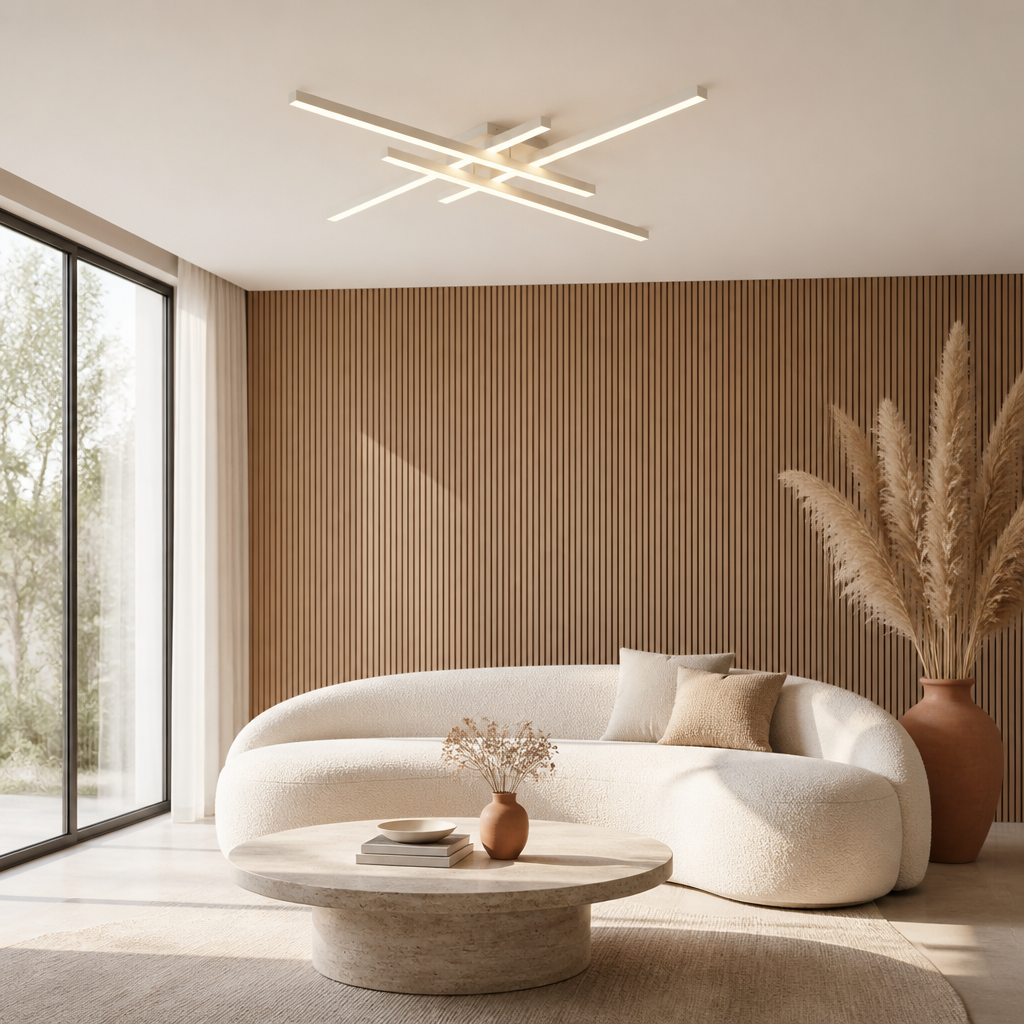 Plafonnier Salon LED Blanc 60cm — mise en situation salon lumière du jour