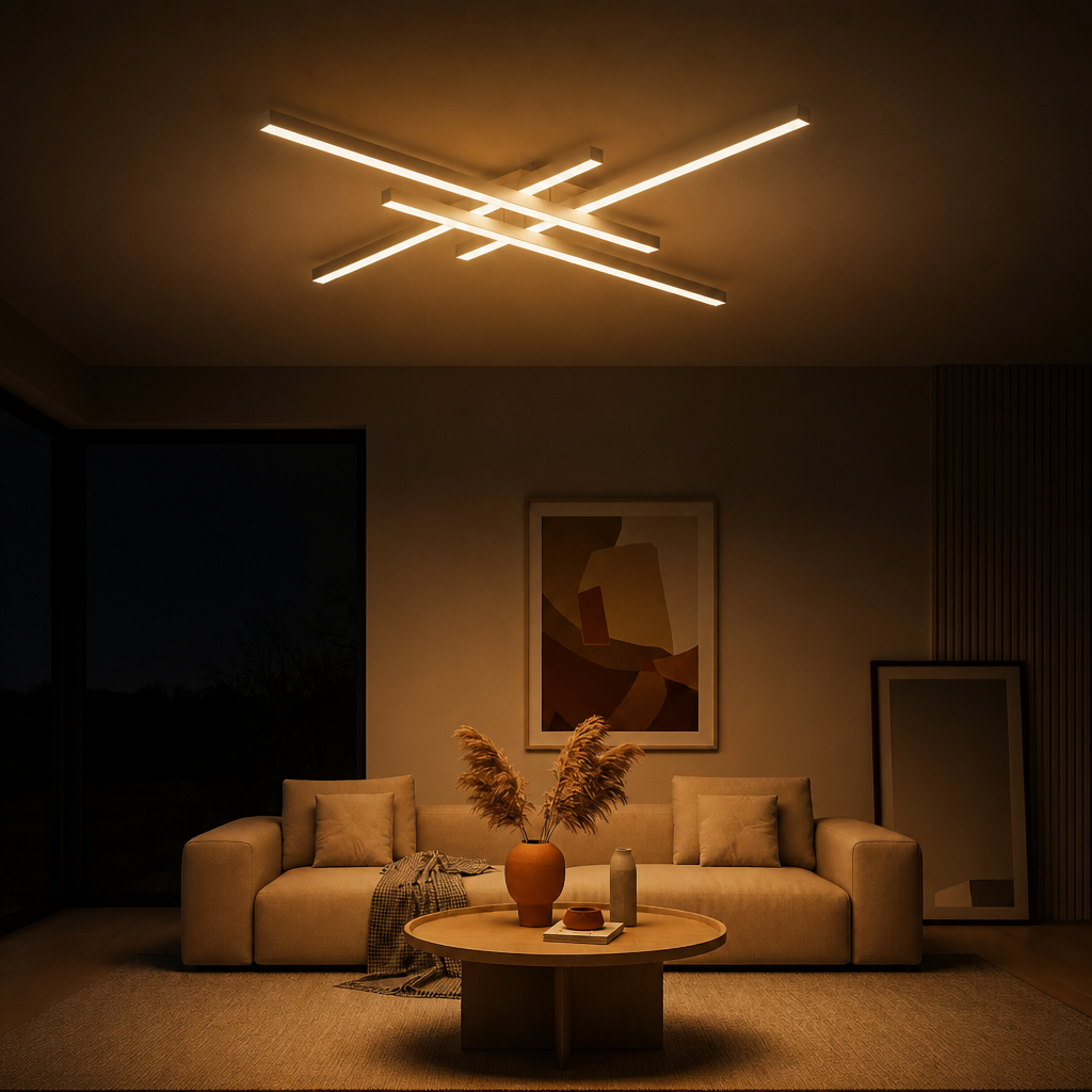 Plafonnier Salon LED Blanc 60cm — ambiance soir salon contemporain