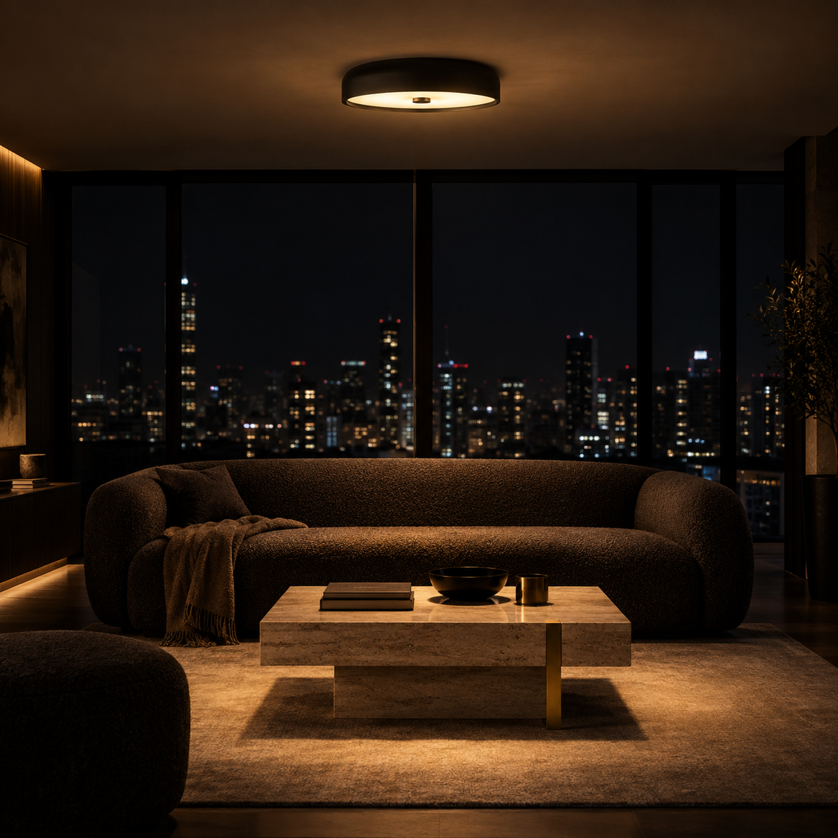Plafonnier Salon Noir — ambiance soir penthouse contemporain