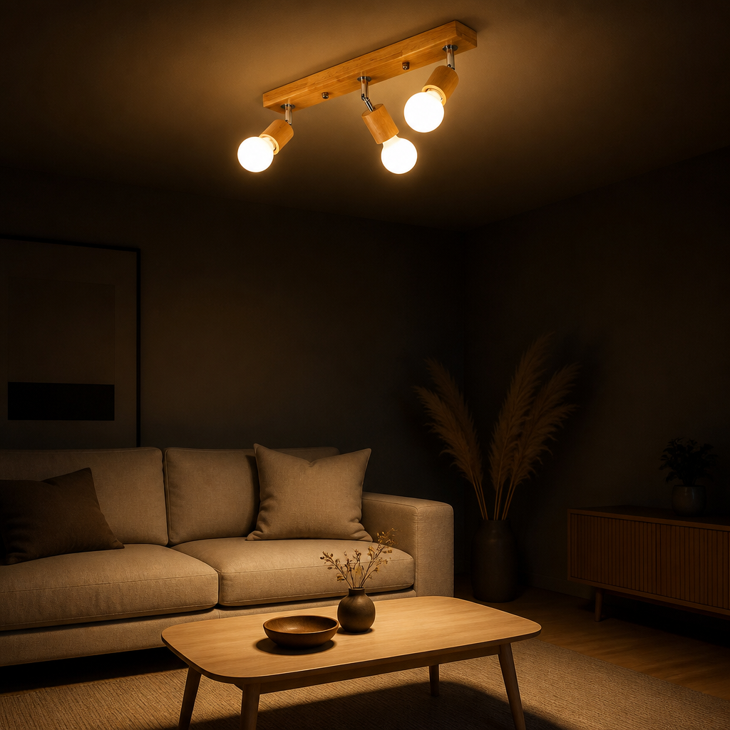 Plafonnier Spot Bois Rotatif Nordic B — ambiance soir salon contemporain