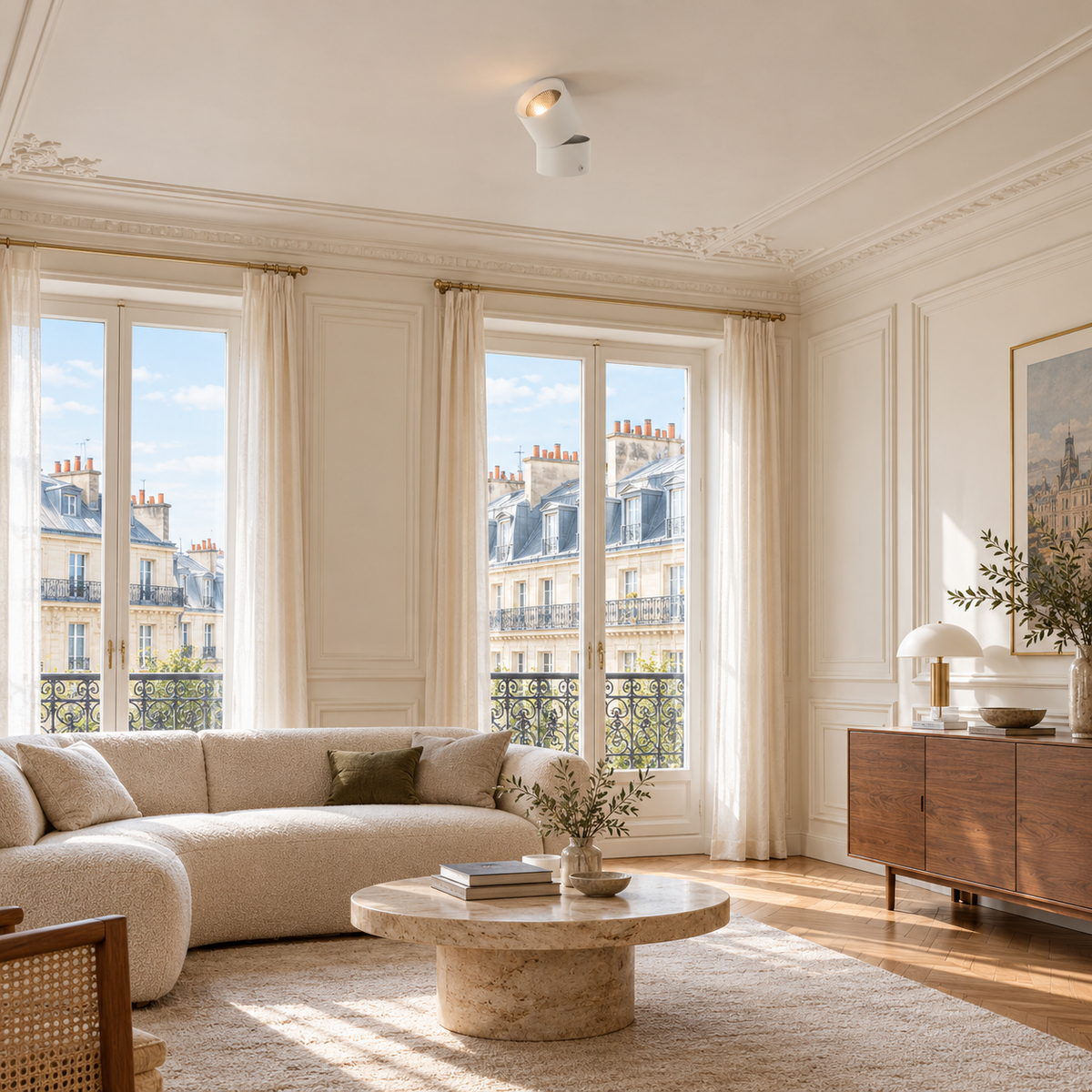 Spot Plafond Blanc 1 pièce 3 Couleurs — mise en situation salon parisien lumière du jour
