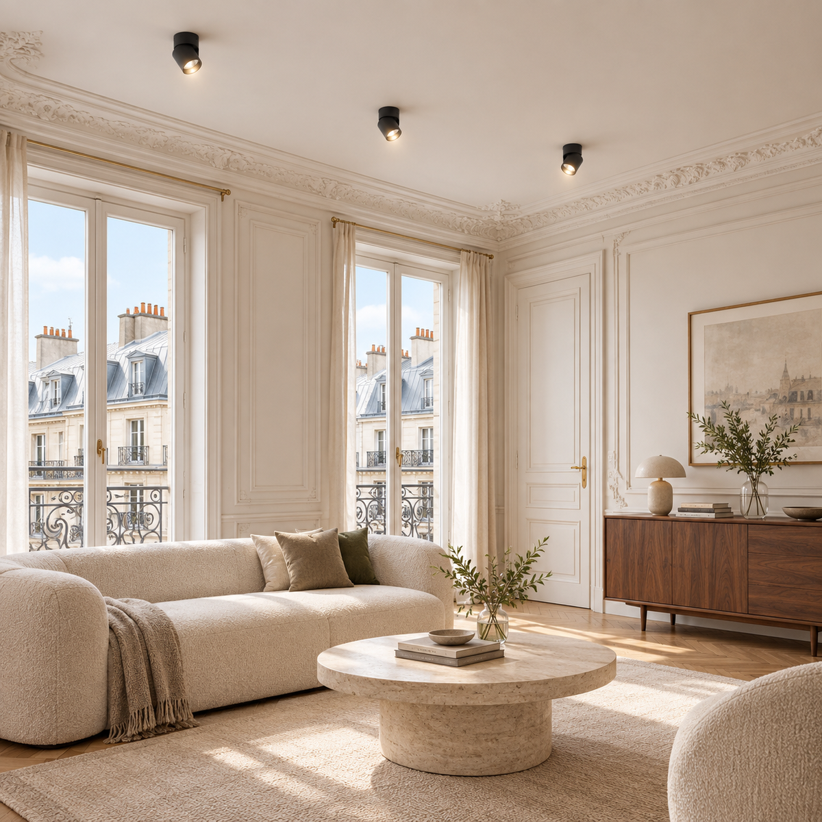Spot Plafond Noir Lot de 6 3 Couleurs — mise en situation salon parisien lumière du jour