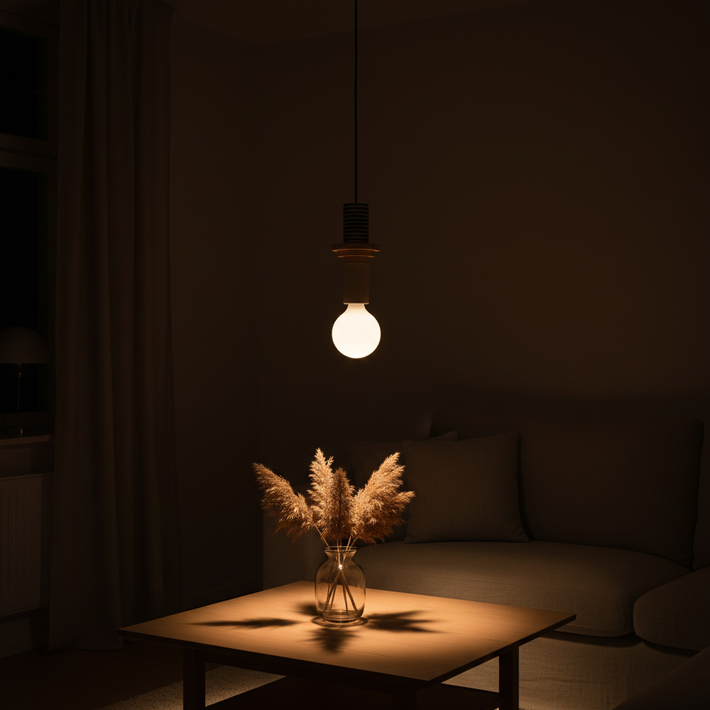 Suspension Bois Nordique — ambiance soir salon scandinave