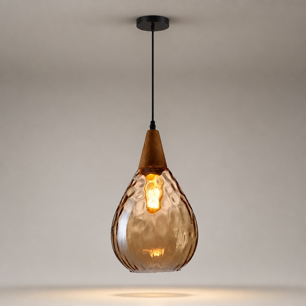 Suspension Bois Verre Goutte d'Eau Ambre 20x34cm — photo produit fond gris