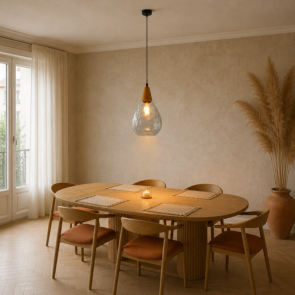 Suspension Bois Verre Goutte d'Eau Transparent 20x34cm — mise en situation salle à manger