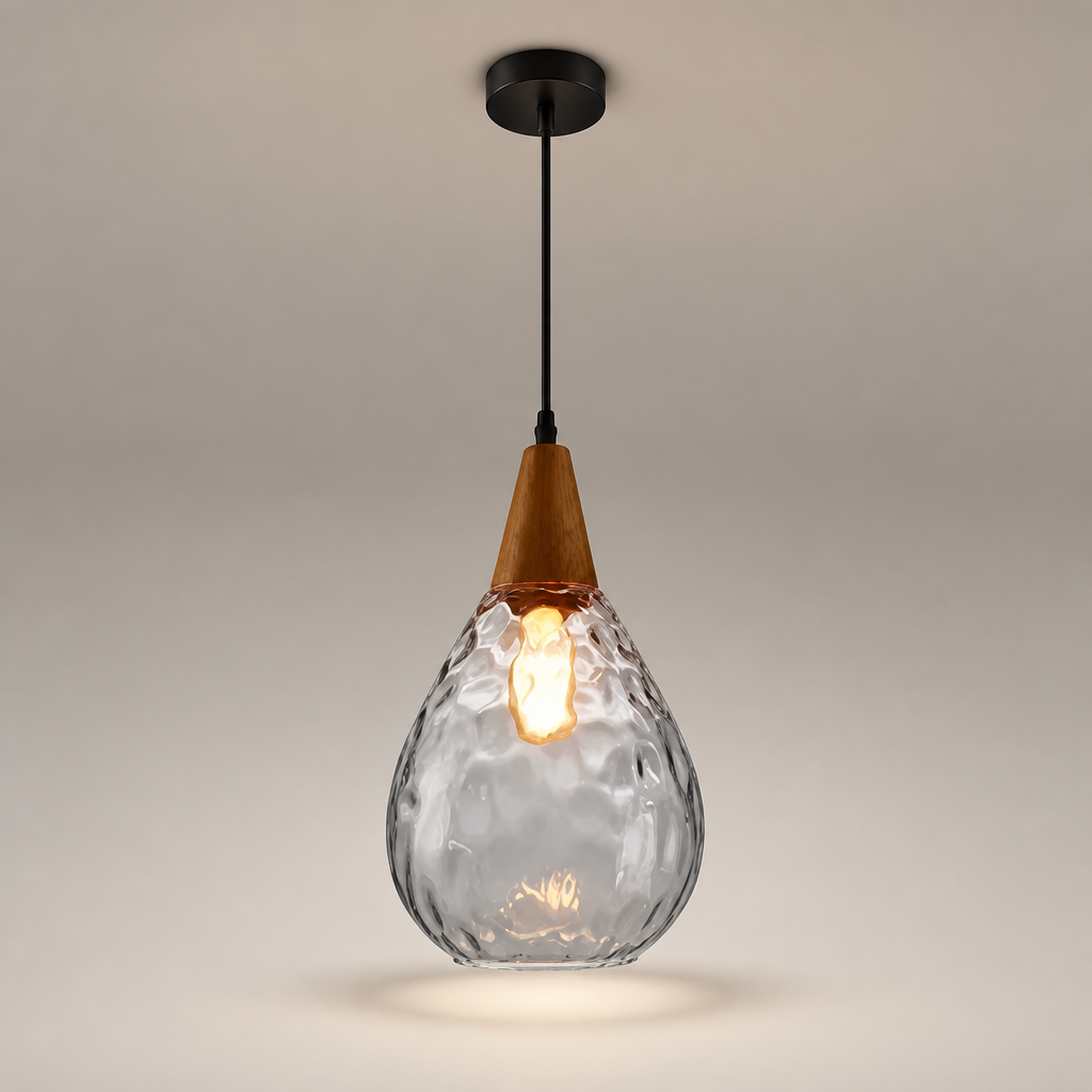 Suspension Bois Verre Goutte d'Eau Transparent 20x34cm — photo produit fond gris