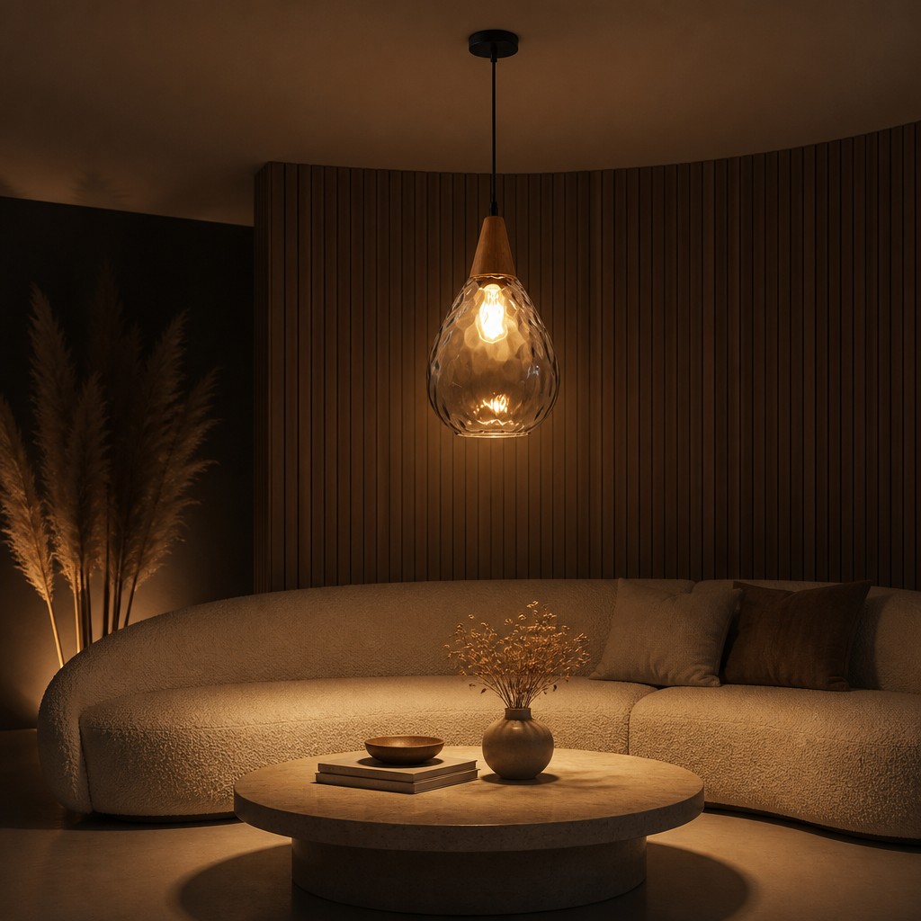 Suspension Bois Verre Goutte d'Eau Transparent 20x34cm — ambiance soir salon contemporain