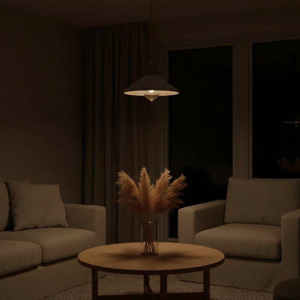 Suspension Céramique Japonaise — ambiance soir salon scandinave