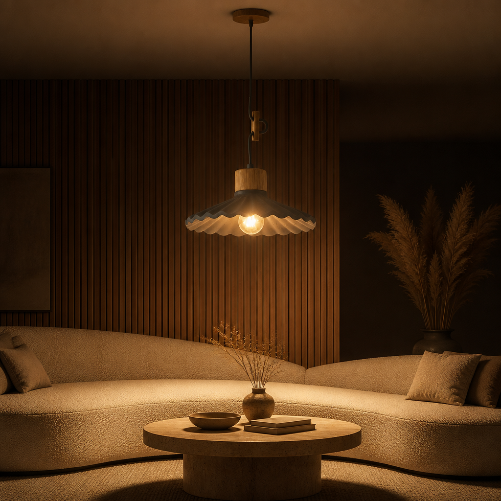 Suspension Ciment Nordic Design Rose — ambiance soir salon contemporain