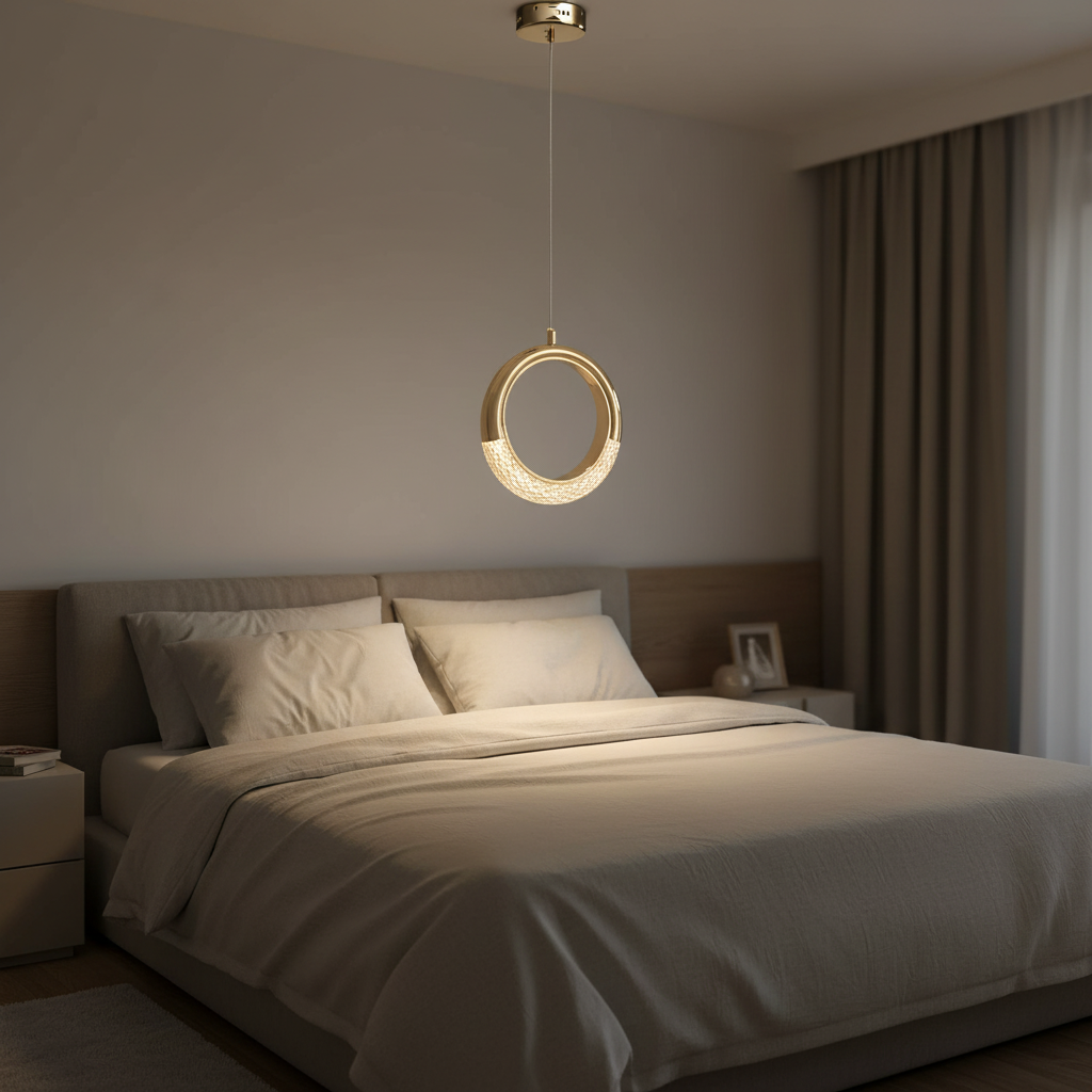 Suspension Cristal LED – Art Déco Or — mise en situation chambre