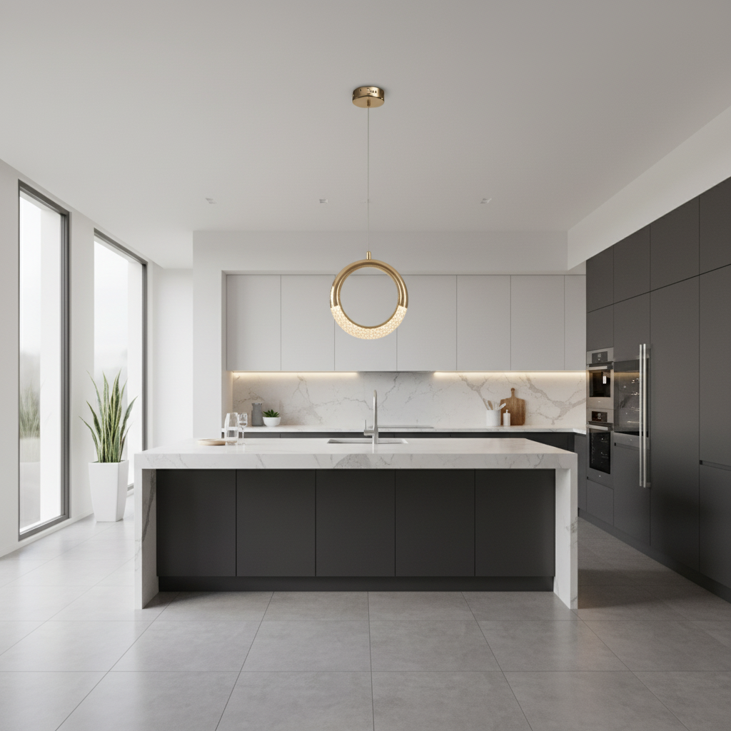 Suspension Cristal LED – Art Déco Or — mise en situation cuisine