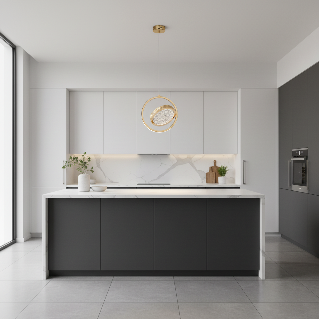 Suspension Cristal LED – Art Déco Or — mise en situation cuisine