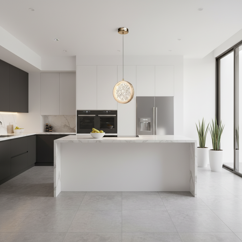 Suspension Cristal LED – Art Déco Or — mise en situation cuisine