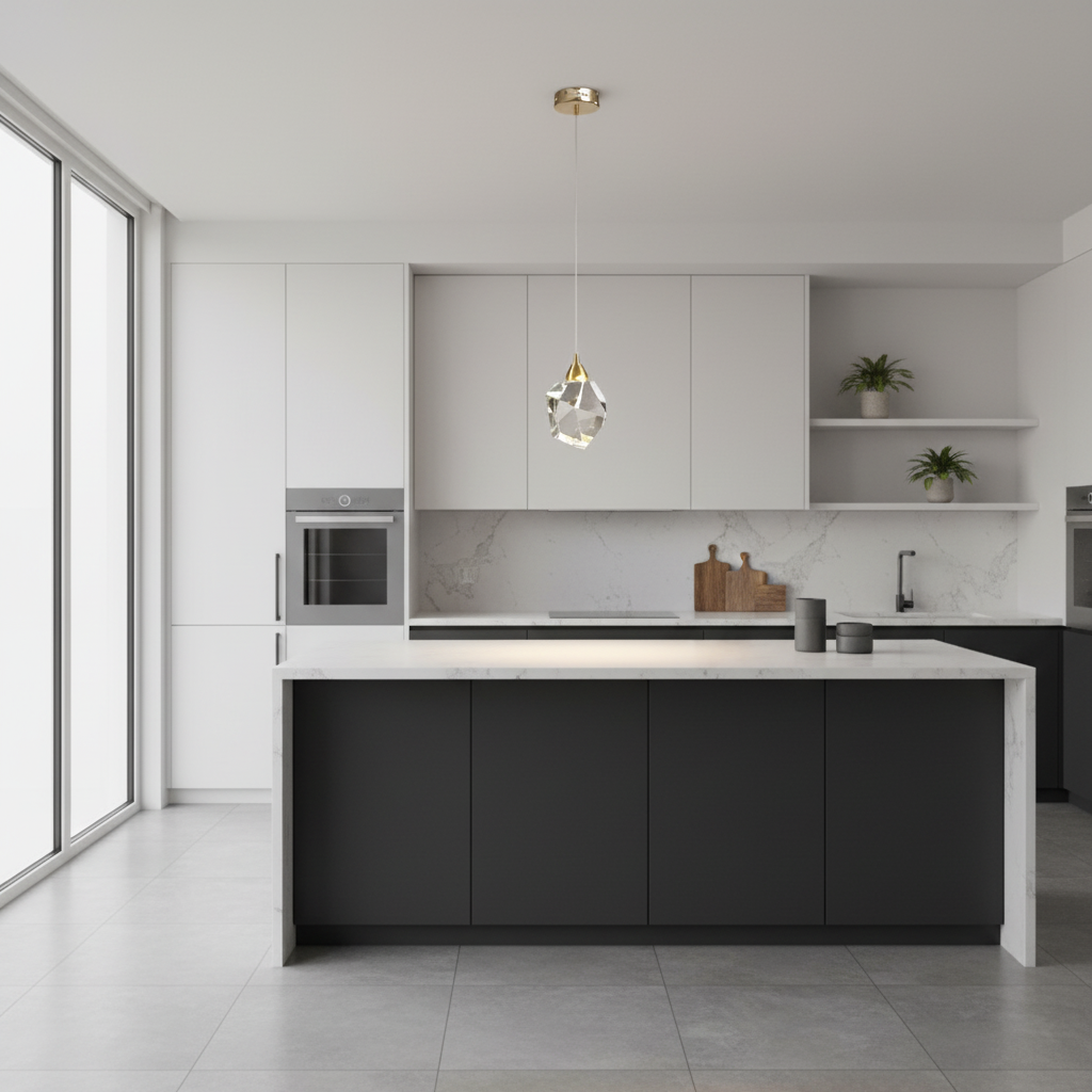 Suspension Cristal LED – Art Déco Or — mise en situation cuisine