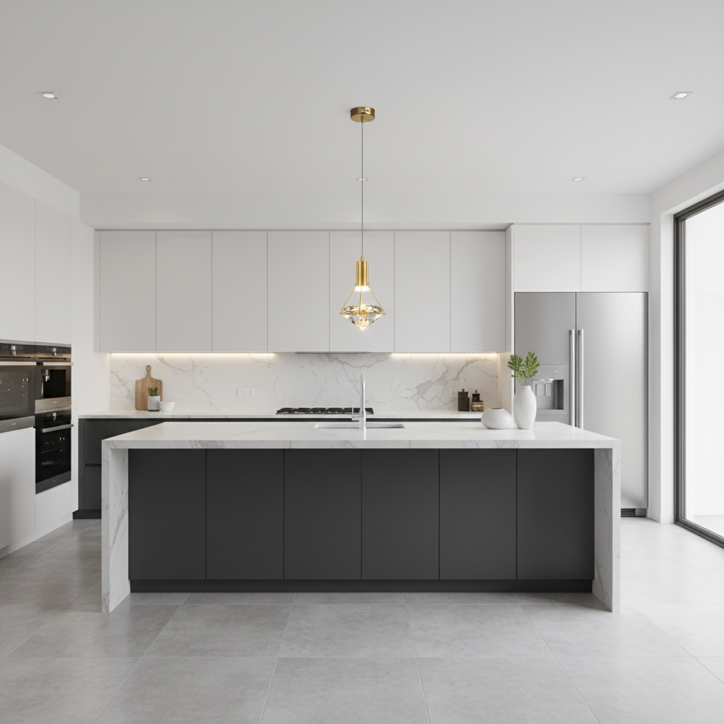 Suspension Cristal LED – Art Déco Or — mise en situation cuisine