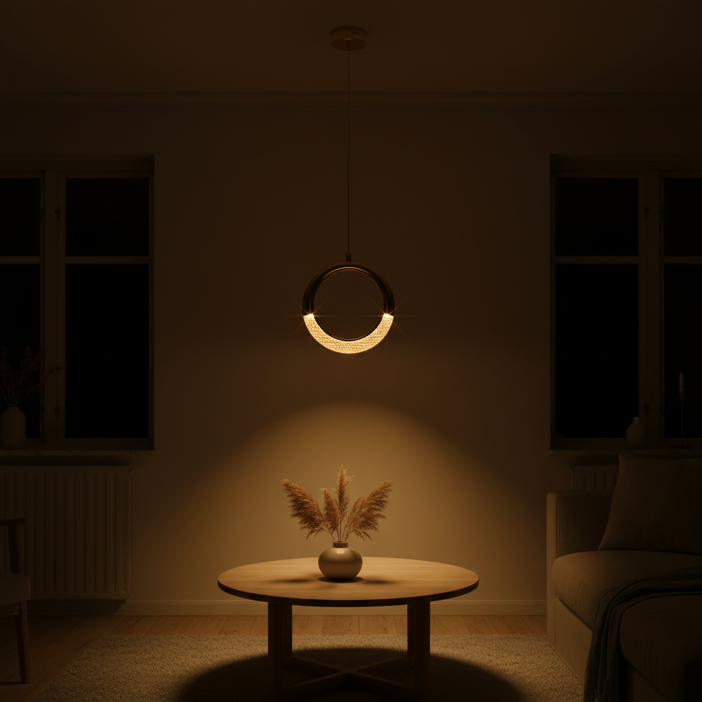 Suspension Cristal LED – Art Déco Or — ambiance soir salon scandinave