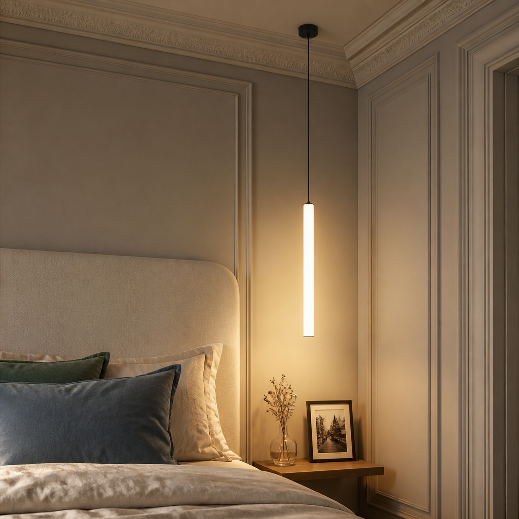 Suspension Cylindre LED Minimaliste — mise en situation chambre