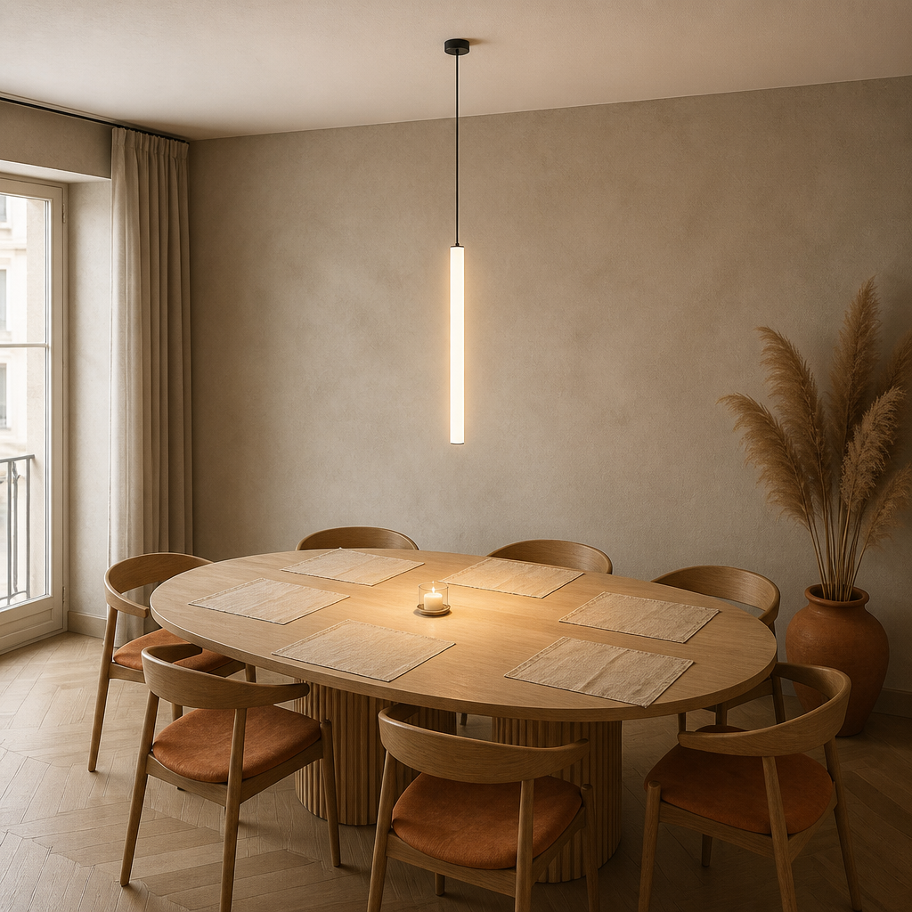 Suspension Cylindre LED Minimaliste — mise en situation salle à manger
