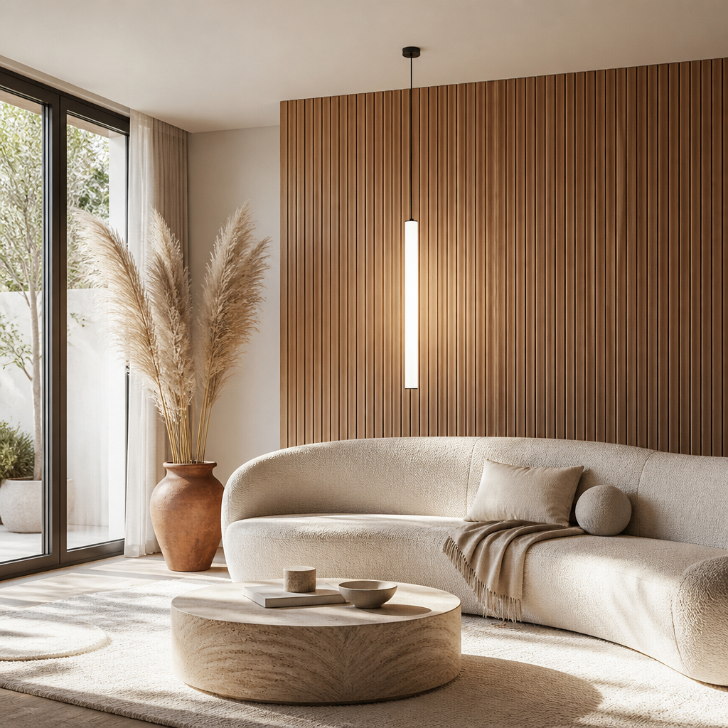 Suspension Cylindre LED Minimaliste — mise en situation salon lumière du jour