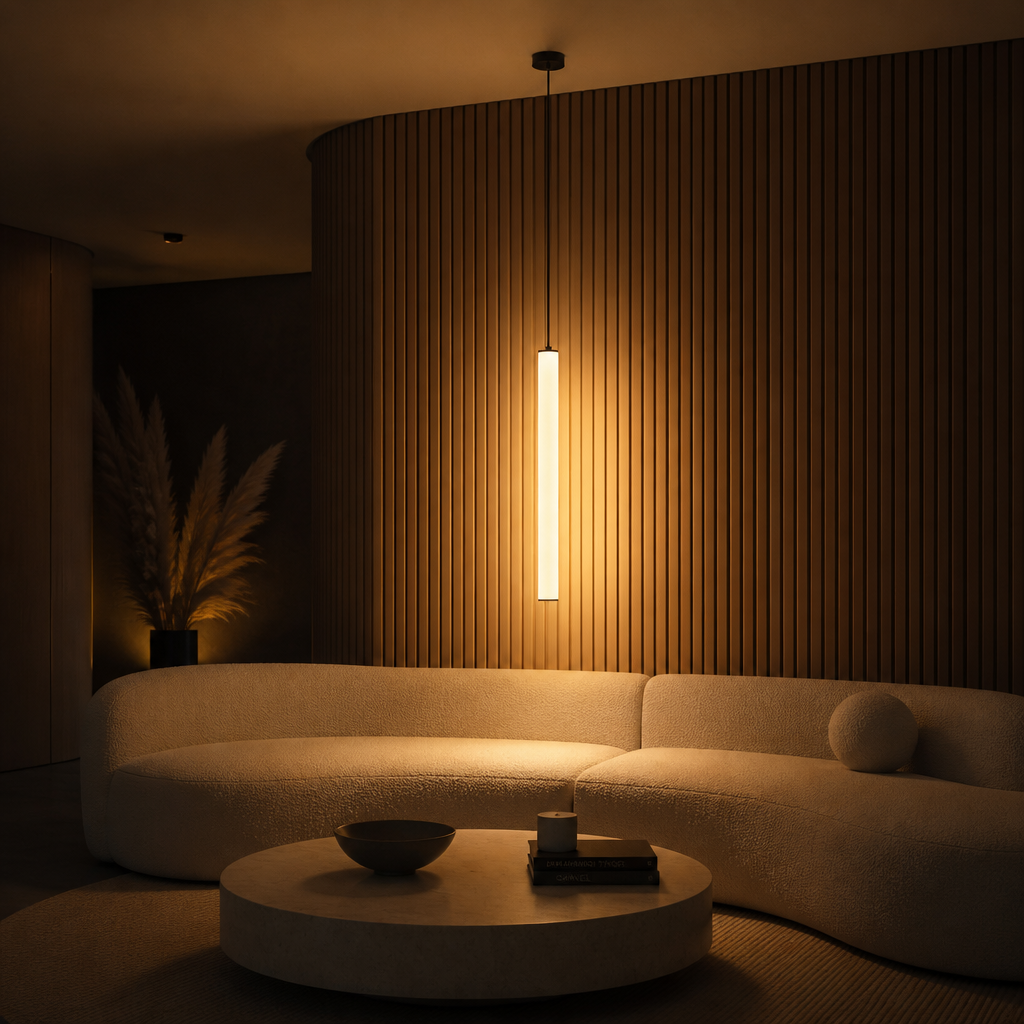 Suspension Cylindre LED Minimaliste — ambiance soir salon contemporain