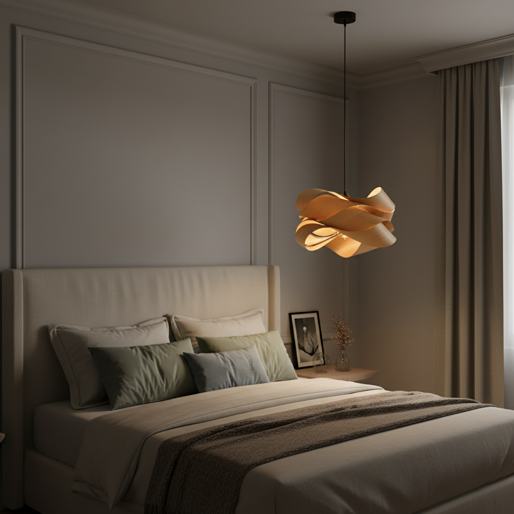 Suspension Design en Bois — mise en situation chambre