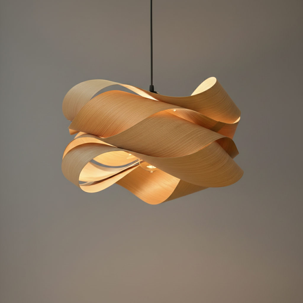 Suspension Design en Bois — gros plan détail matière et finition