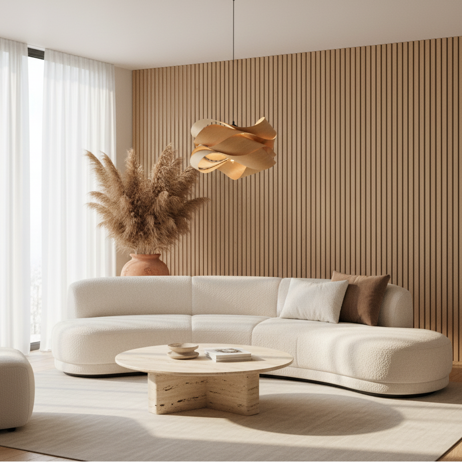 Suspension Design en Bois — mise en situation salon lumière du jour