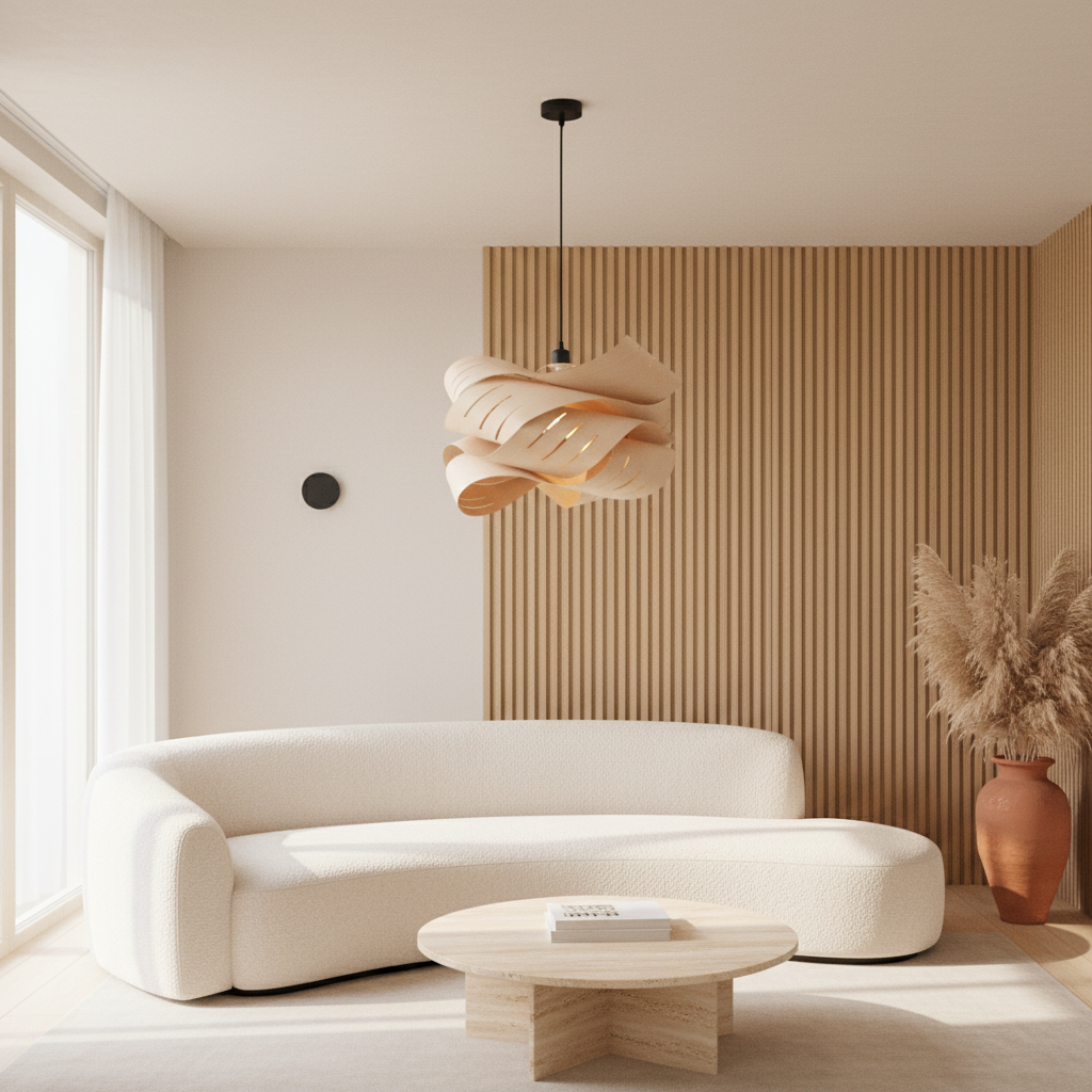 Suspension Design en Bois — mise en situation salon lumière du jour