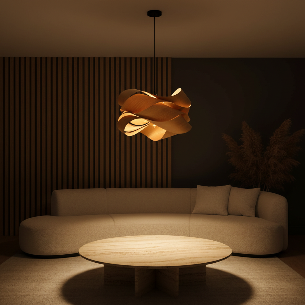 Suspension Design en Bois — ambiance soir salon contemporain