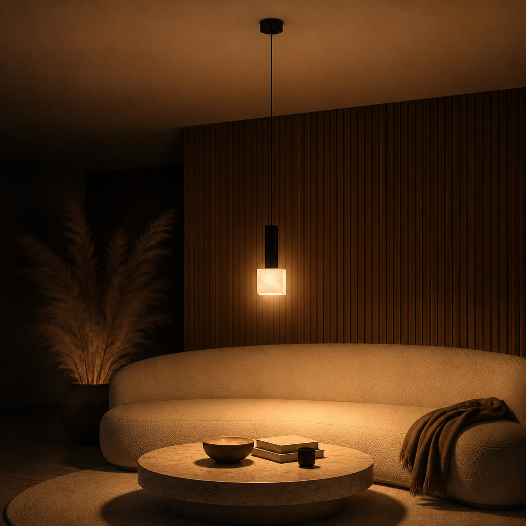 Suspension Disque Marbre Design Rectangulaire B — ambiance soir salon contemporain