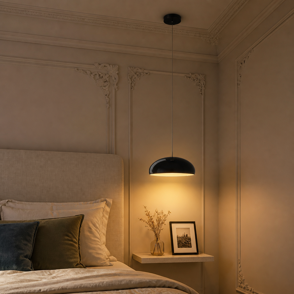 Suspension Dôme Design Laquée Noir — mise en situation chambre