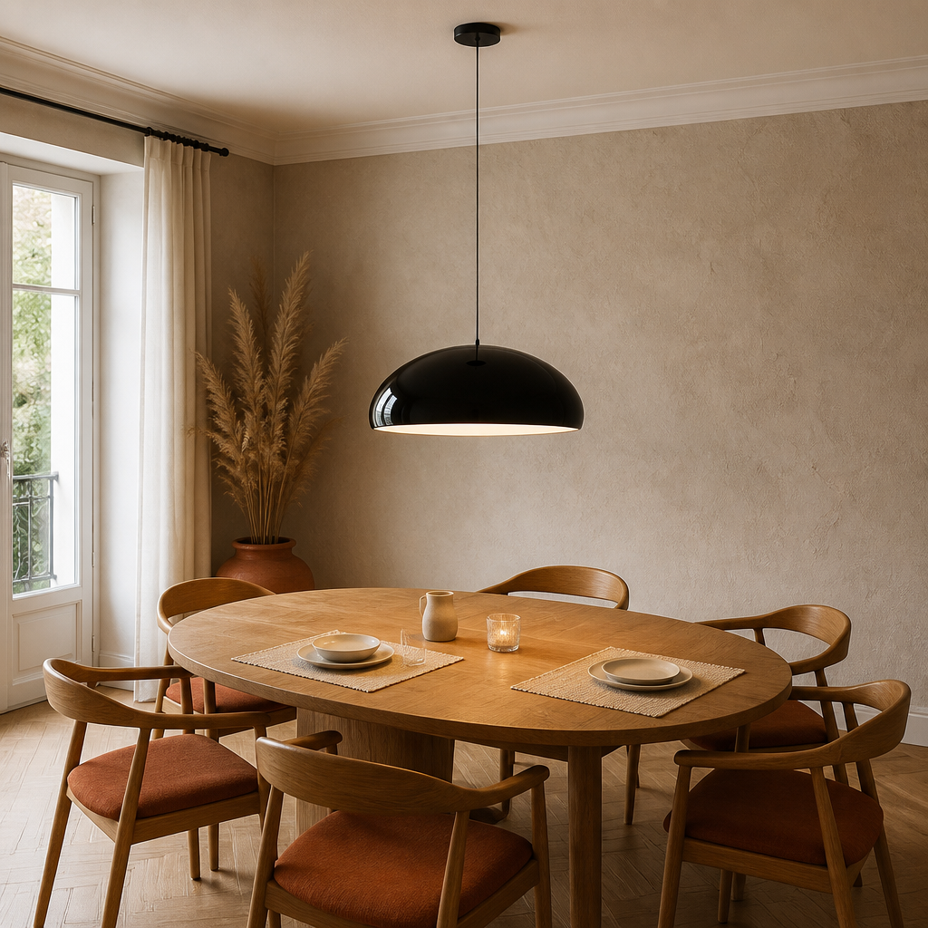 Suspension Dôme Design Laquée Noir — mise en situation salle à manger