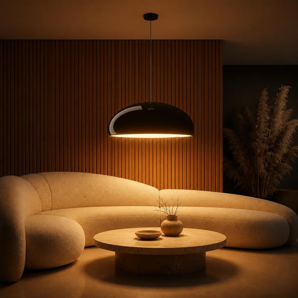 Suspension Dôme Design Laquée Noir — ambiance soir salon contemporain