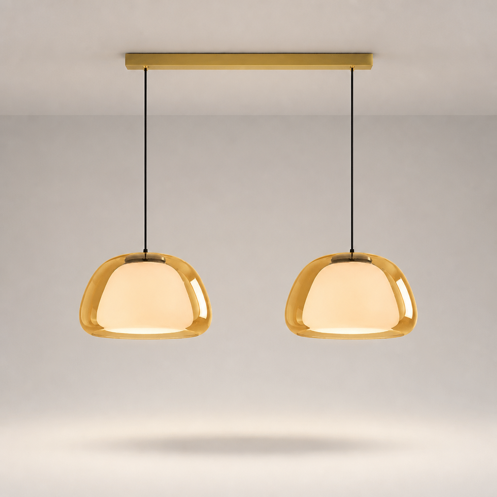 Suspension Double Verre Scandinave Ambre 2 — photo produit fond gris