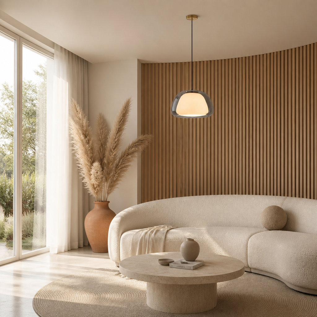 Suspension Double Verre Scandinave Fumé — mise en situation salon lumière du jour