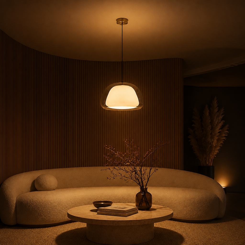 Suspension Double Verre Scandinave Fumé — ambiance soir salon contemporain