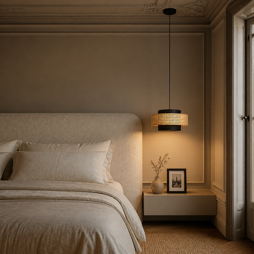 Suspension en Rotin Noir — mise en situation chambre