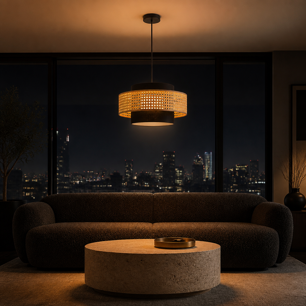 Suspension en Rotin Noir — ambiance soir penthouse contemporain
