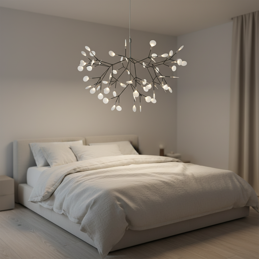 Suspension Firefly LED Branches Noir — mise en situation chambre