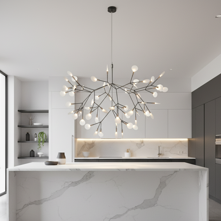 Suspension Firefly LED Branches Noir — mise en situation cuisine