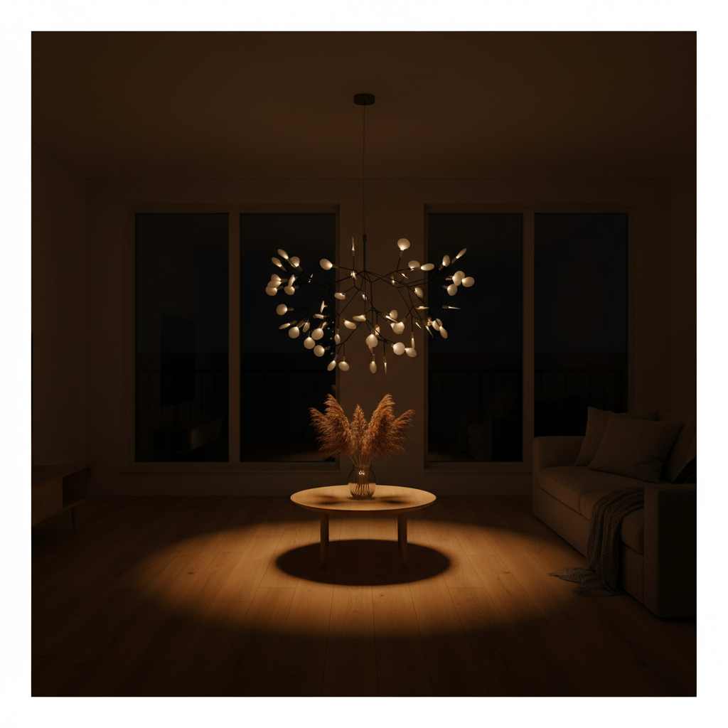 Suspension Firefly LED Branches Noir — ambiance soir salon scandinave