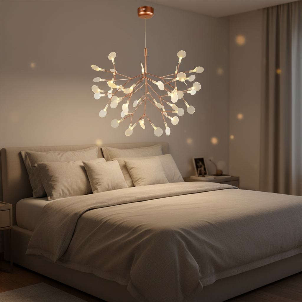 Suspension Firefly LED Branches Or rose — mise en situation chambre