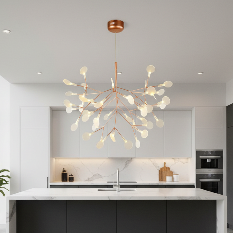 Suspension Firefly LED Branches Or rose — mise en situation cuisine