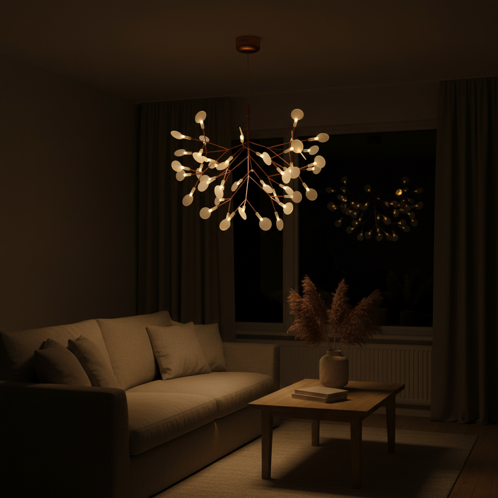 Suspension Firefly LED Branches Or rose — ambiance soir salon scandinave