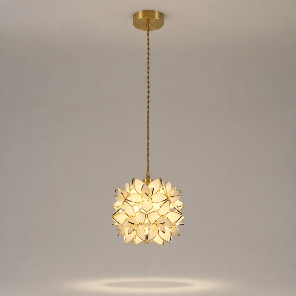 Suspension Fleur Verre Cuivre Artisanale Blanc — photo produit fond gris