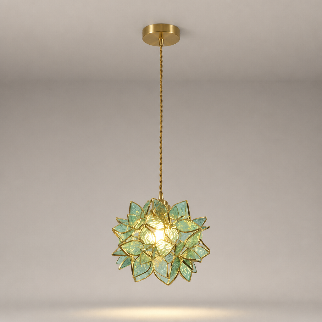 Suspension Fleur Verre Cuivre Artisanale Bleu — photo produit fond gris