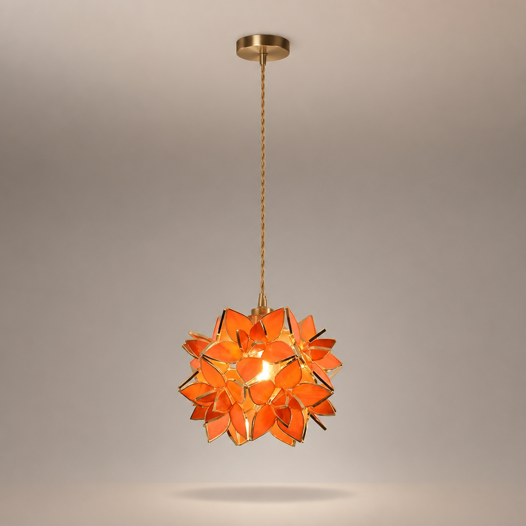 Suspension Fleur Verre Cuivre Artisanale Orange — photo produit fond gris