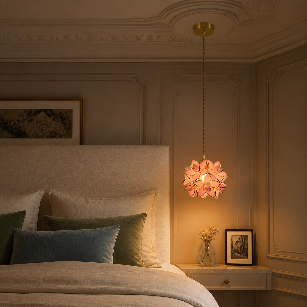 Suspension Fleur Verre Cuivre Artisanale Rose — mise en situation chambre