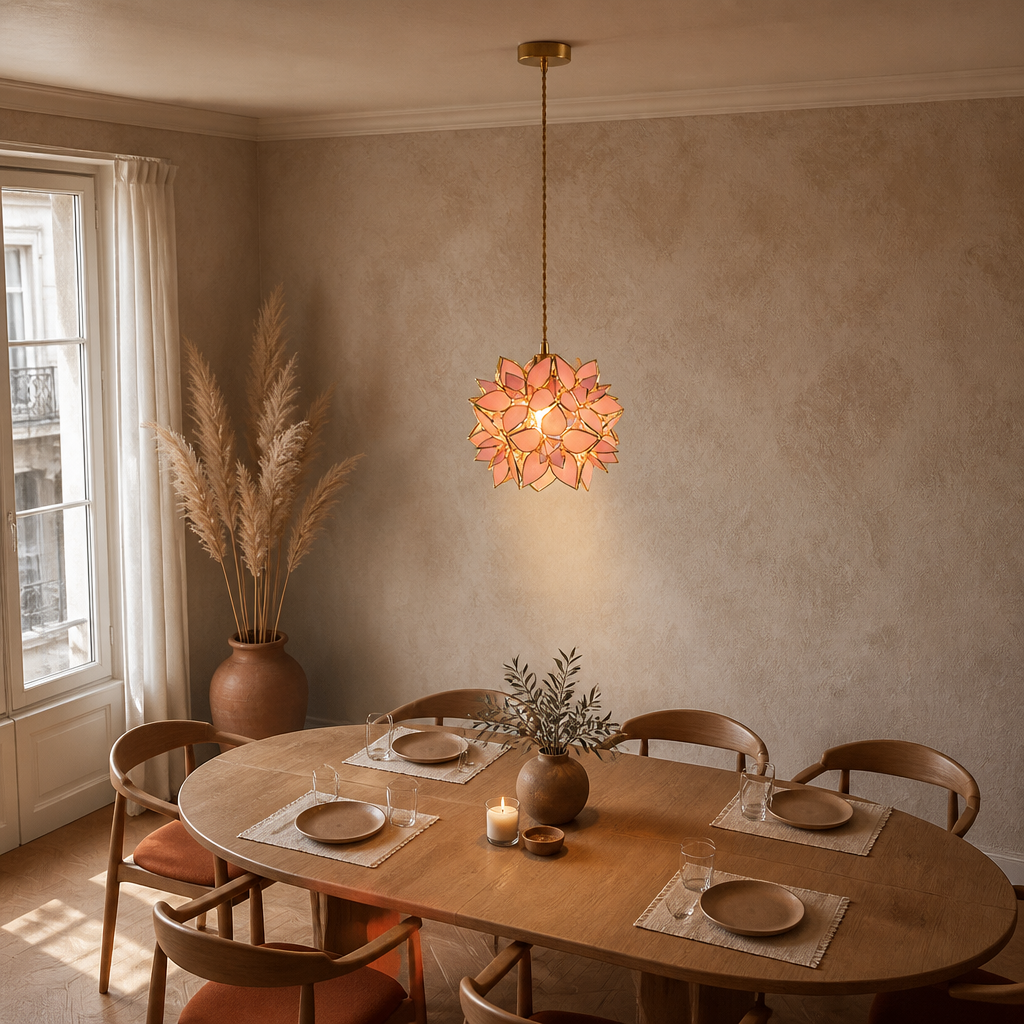 Suspension Fleur Verre Cuivre Artisanale Rose — mise en situation salle à manger